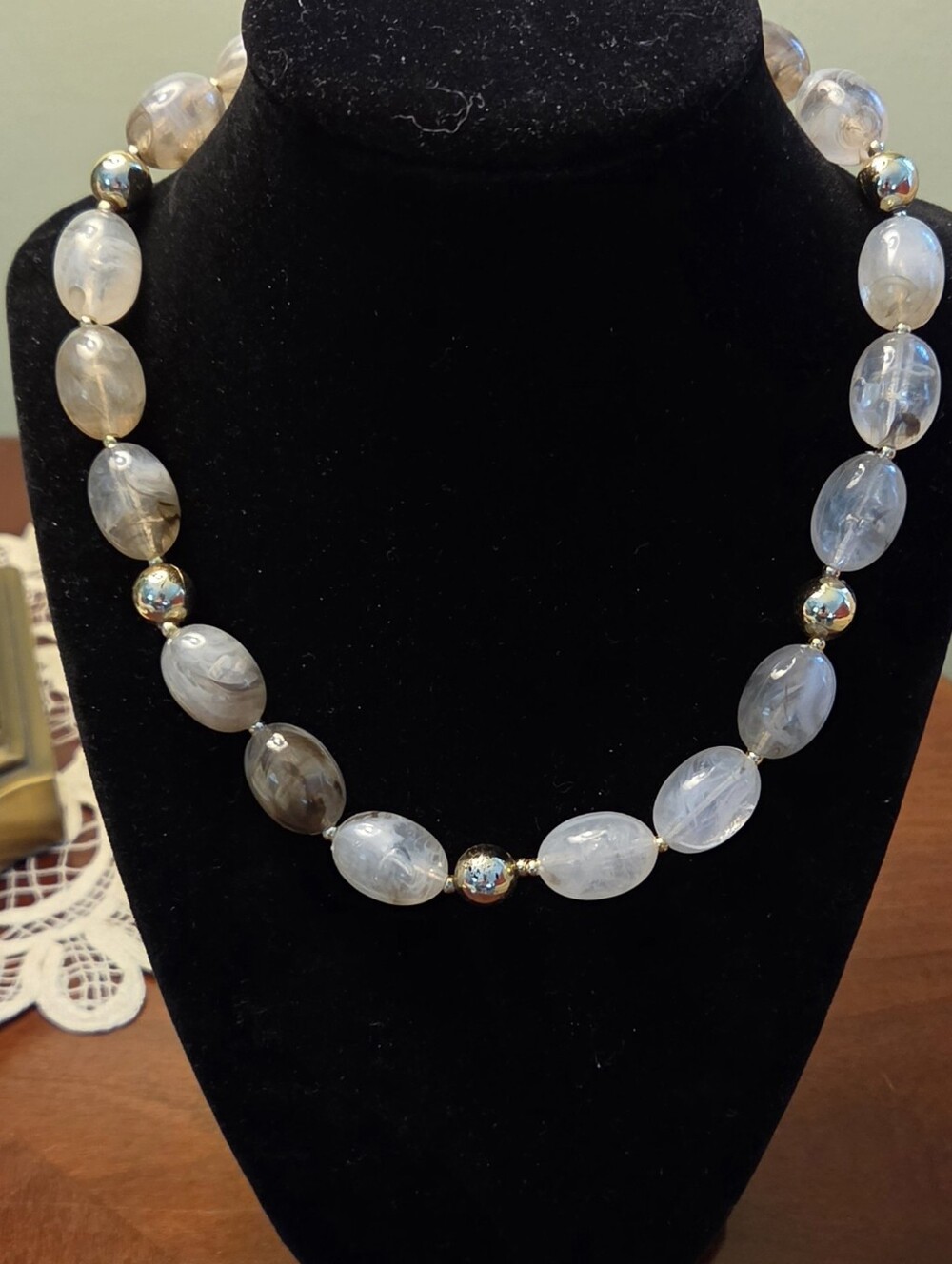 Neutral Smoky Gray Resin Oval Bead Statement Necklace Gold Accents 17"